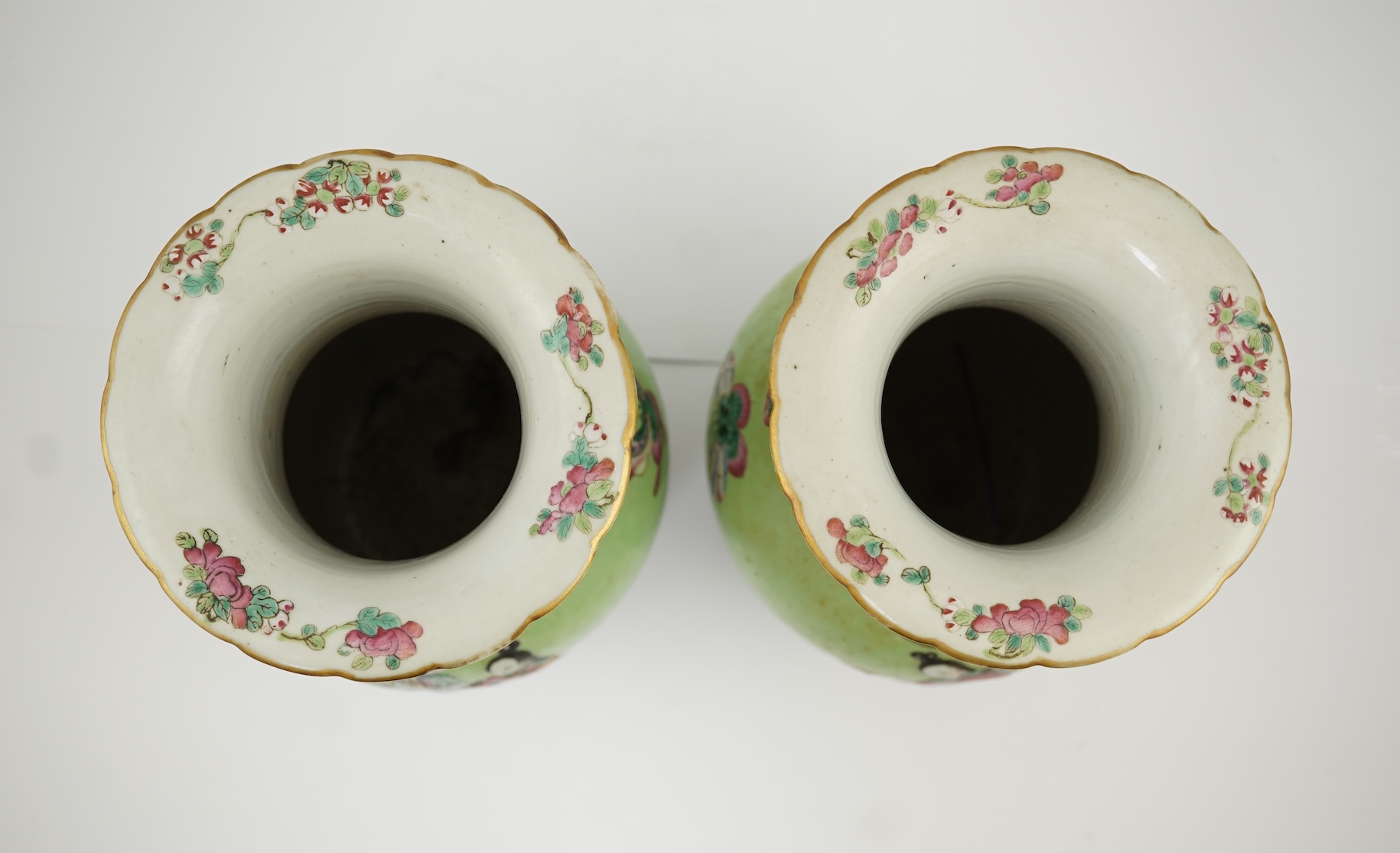 A pair of Chinese lime-green sgraffito ground vases, late 19th century